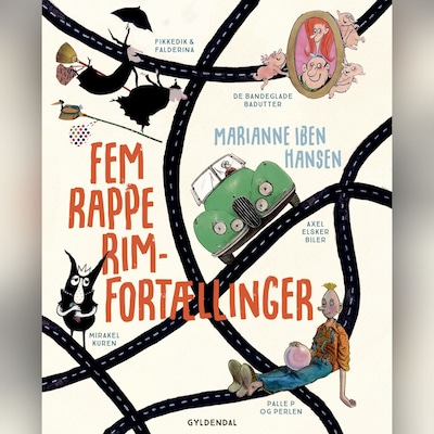 Fem rappe rim-fortællinger – omslag til lydbogen af Marianne Iben Hansen, Bo Odgaard Iversen, Jon Ranheimsæter