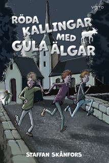 Röda kallingar med gula älgar – omslag till ljudboken av Staffan Skånfors