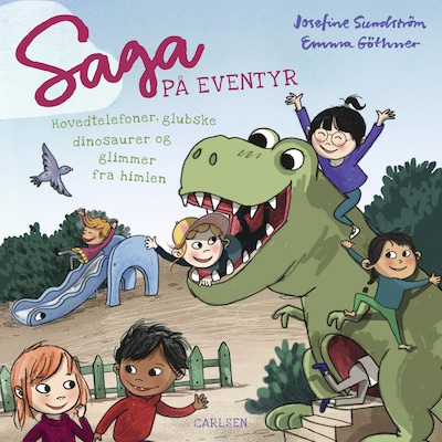 Saga på eventyr (5) - Hovedtelefoner, glubske dinosaurer og glimmer fra himlen – omslag til lydbogen af Josefine Sundström