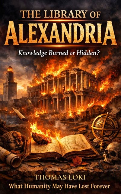 The Library of Alexandria: Knowledge Burned or Hidden? What Humanity May Have Lost Forever – omslag til lydbogen af Thomas Loki