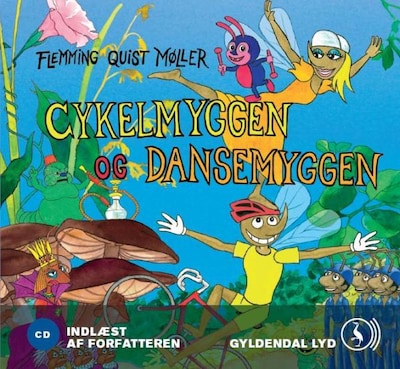 Cykelmyggen og dansemyggen på eventyr – omslag til lydbogen af Flemming Quist Møller