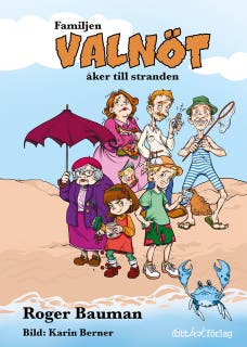 Familjen Valnöt åker till stranden – omslag till ljudboken av Roger Bauman
