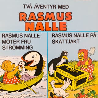 Rasmus Nalle möter fru Strömming/Rasmus Nalle på skattjakt – omslag till ljudboken av Carla Hansen