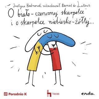 O biało-czerwonej skarpetce i o skarpetce niebiesko-żółtej, a także o wrednych czerwonych rękawiczkach – okładka audiobooka, autor Justyna Bednarek