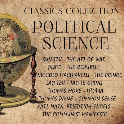 Political Science. Classics Collection: – omslag van het luisterboek van Marcus Aurelius, Karl Marx, Friedrich Engels