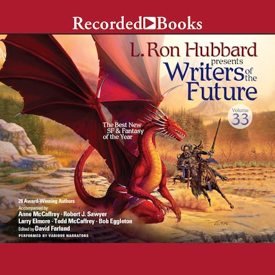 Writers of the Future Volume 33 – omslag til lydbogen af Dustin Steinacker, Sean Hazlett, Anton Rose