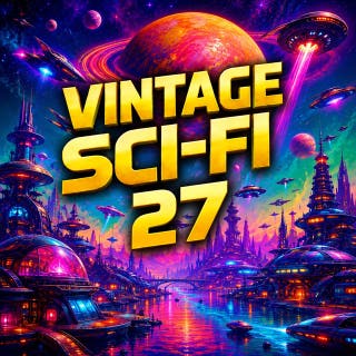 Vintage Sci-Fi 27: Alien Worlds, Strange Mysteries and Futures Beyond Imagination – omslag till ljudboken av Harlan Ellison, John Wyndham, Frank Belknap Long, Henry Kuttner, Jack Sharkey, Lester Del Rey, Ray Cummings, Chester S. Geier, Sam Merwin Jr, Paul W. Fairman, Russ Winterbotham, Bryce Walton, Fox B. Holden, Albert Teichner, Elizabeth W. Bellamy, James R. Adams, Donald Wandrei, Millard Grimes, Helen Huber, Elaine Wilber, William Thurmond