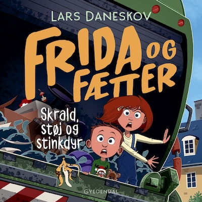 Frida og Fætter - Skrald, støj og stinkdyr – omslag til lydbogen af Lars Daneskov