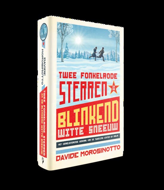 Twee fonkelrode sterren in de blinkend witte sneeuw – omslag van het luisterboek van Davide Morosinotto