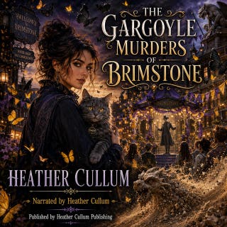 The Gargoyle Murders of Brimstone: Justice witch Cassia Winter and her familiar Stanley investigate the mysterious deaths of magical stone creatures while Brimstone is spellbound by a charismatic storyteller and his black butterflies. – omslag till ljudboken av Heather Cullum