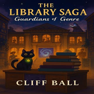 The Library Saga: Guardians of Genre – omslag till ljudboken av Cliff Ball