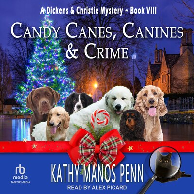 Candy Canes, Canines & Crime – omslag til lydbogen af Kathy Manos Penn