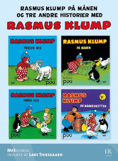 Rasmus Klump på månen - og tre andre historier – omslag til lydbogen af Carla Hansen, Vilhelm Hansen