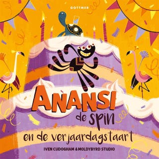 Anansi de spin en de verjaardagstaart – omslag van het luisterboek van Iven Cudogham