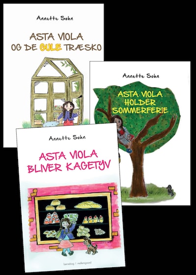 Asta Viola og de gule træsko - Asta Viola holder sommerferie - Asta Viola bliver kagetyv – omslag til lydbogen af Annette Sohn