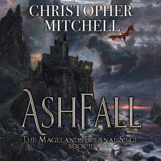 Ashfall – omslag till ljudboken av Christopher Mitchell