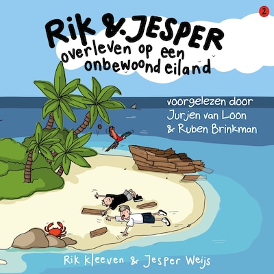 Rik en Jesper overleven op een onbewoond eiland – omslag van het luisterboek van Rik Kleeven, Jesper Weijs