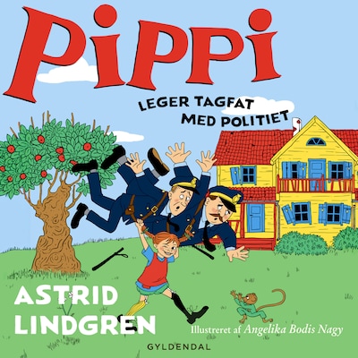 Pippi leger tagfat med politiet – omslag til lydbogen af Astrid Lindgren