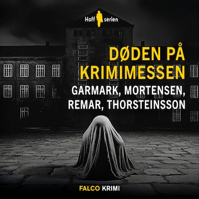 Døden på krimimessen – omslag til lydbogen af David Garmark, Morten Remar, Allan Erik Mortensen