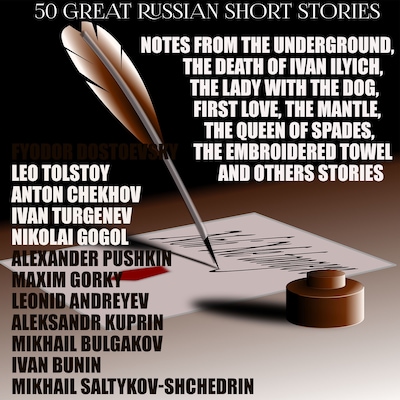 50 Great Russian Short Stories – omslag til lydbogen af Leo Tolstoy, Anton Chekhov, Ivan Turgenev