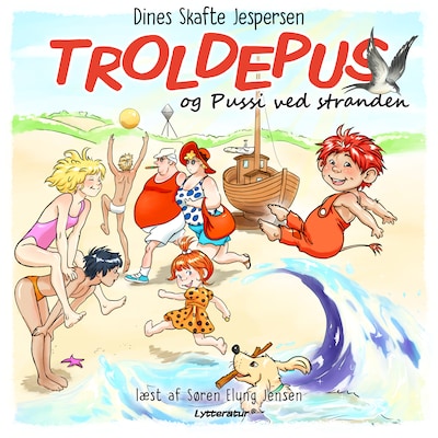 Troldepus og Pussi ved stranden – omslag til lydbogen af Dines Skafte Jespersen