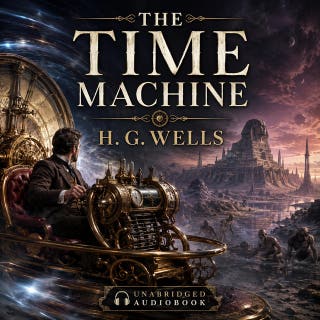 The Time Machine: A brilliant inventor journeys far into humanity's future, only to discover a shocking evolutionary split. – omslag till ljudboken av H. G. Wells