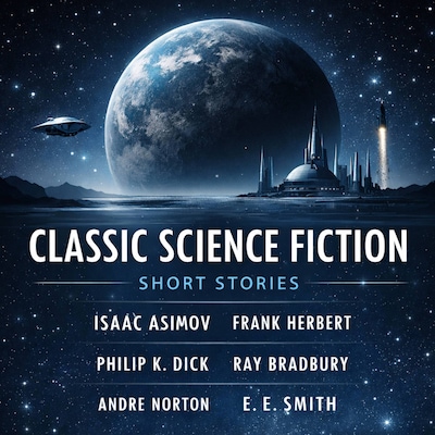 Classic Science Fiction Short Stories – omslag til lydbogen af Philip K. Dick, Ray Bradbury, Isaac Asimov