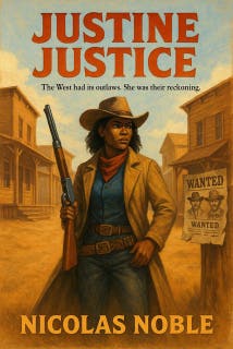 Justine Justice: A Classic Western – omslag till ljudboken av Nicolas Noble