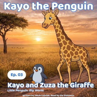 Kayo and Zuza the Giraffe: Little Penguin. Big World. – omslag till ljudboken av Jakub Leśniak