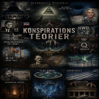 Konspirationsteorier – omslag till ljudboken av Alternativ Historia