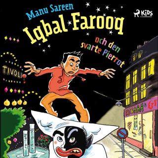 Iqbal Farooq och den svarte Pierrot – omslag till ljudboken av Manu Sareen
