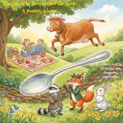 The Cow Who Jumped Over The Spoon – omslag til lydbogen af AI Voice Christopher Allen