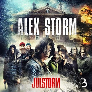 Julstorm – omslag till ljudboken av Leffe Grimwalker, Peter Lindmark, Peter Westberg, Lina Areklew, Anna Granlund, Alex Storm, Linda Schönbeck