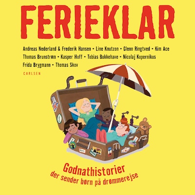Ferieklar - Godnathistorier der sender børn på drømmerejse – omslag til lydbogen af Line Knutzon, Thomas Skov, Kasper Hoff