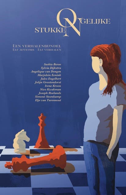 Ongelijke stukken – omslag van het luisterboek van Angelique van Dongen,Elje Van Turennout,Irene Kroon,Jolijn Grootendorst,Joseph Roelands,Jules Engelbert,Marjolein Eenink,Nico Kwakman,Saskia Boree,Simoné Steenkamp,Sylvia Dijkstra