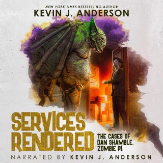 Services Rendered: The Cases of Dan Shamble, Zombie P.I. – omslag till ljudboken av Kevin J. Anderson