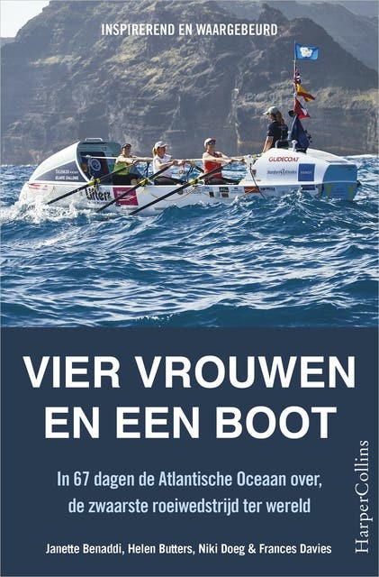 Vier vrouwen en een boot: in 67 dagen de Atlantische Oceaan over, de zwaarste roeiwedstrijd ter wereld – omslag van het luisterboek van Frances Davies,Helen Butters,Janette Benaddi,Niki Doeg