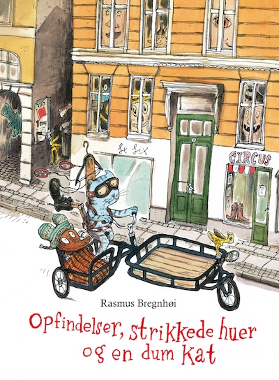 Opfindelser, strikkede huer og en dum kat – omslag til lydbogen af Rasmus Bregnhøi