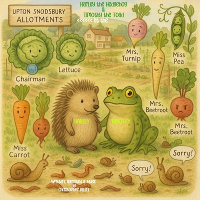Harley the Hedgehog & Timothy the Toad – omslag til lydbogen af AI Voice Christopher Allen