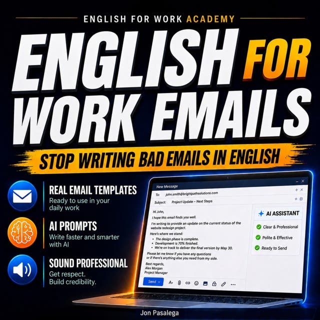 English for Work Emails: Stop Writing Bad Emails in English – omslag til lydbogen af Jon Pasalega